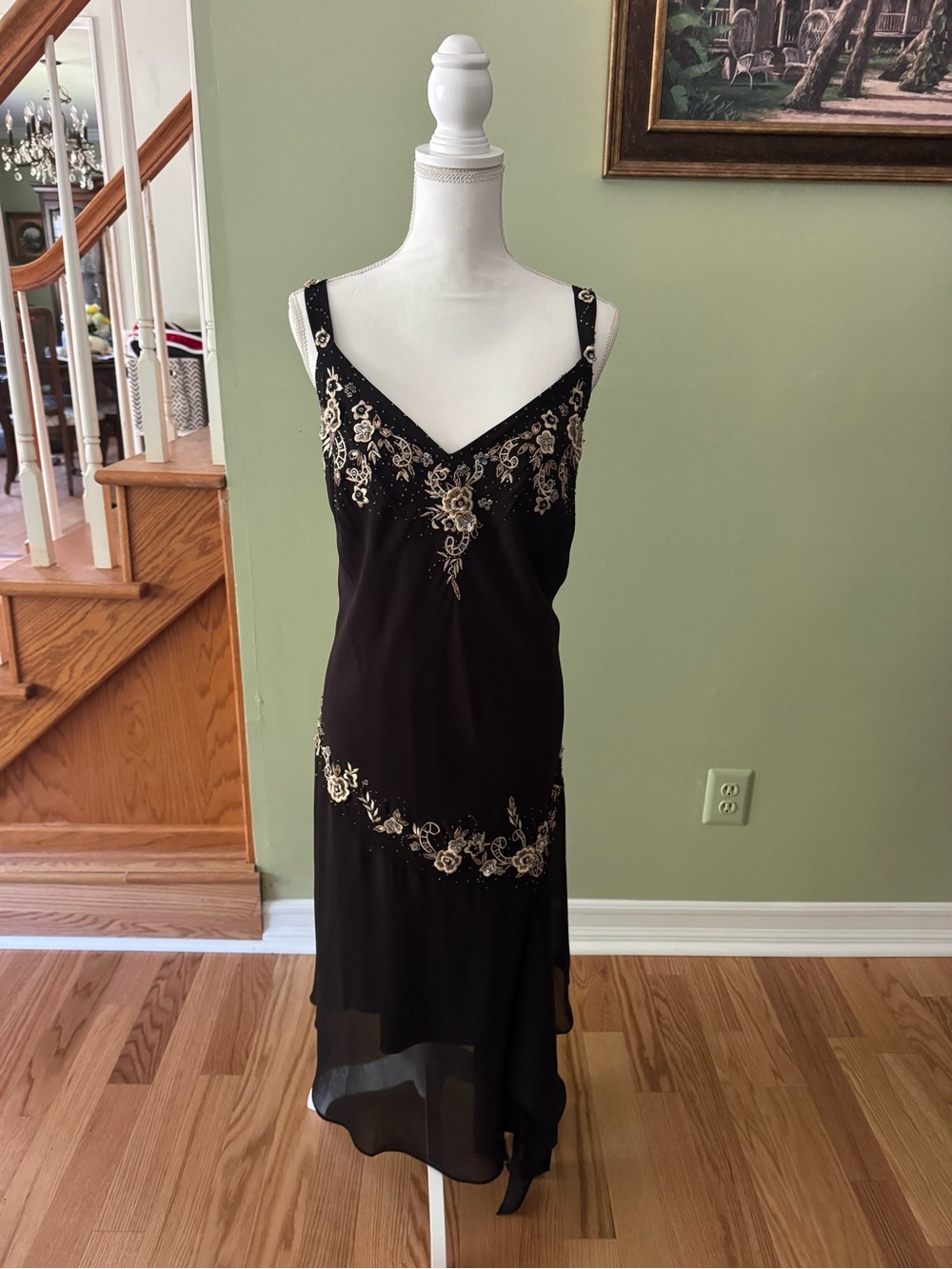 R&M Richards Black Beaded Slip Dress with Gold Embroidery - NWT